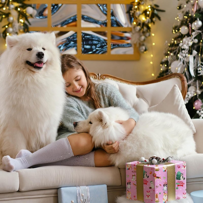 Cuitpan Pink Dog Christmas Wrapping Paper - Xmas Gift Wrap with Christmas Trees, Dog Breeds, Paw Prints & Snowflakes Design- Perfect for Kids & Adults Gift Wrapping - 40×28 Inches, 4 Folded Sheets - Image 3
